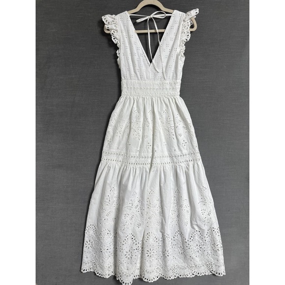 Intermix Dress 00 White Eyelet Lace Midi Cotton V Neck Boho Summer Sundress - Picture 2 of 13